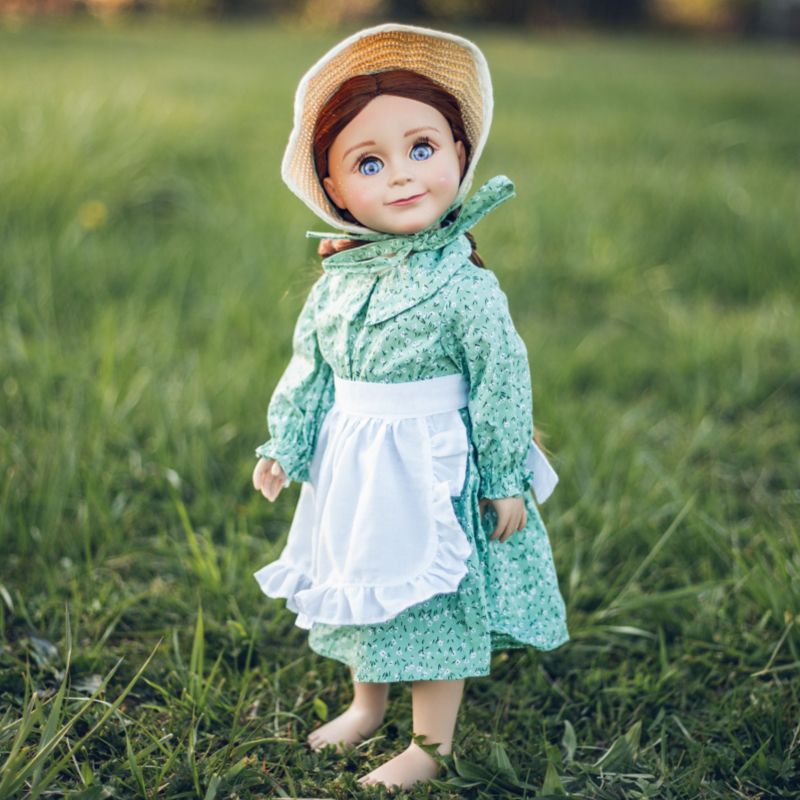 The Queen's Treasures 18 Inch Green Calico Prairie Dress, Apron, and Bonnet, 3 of 10