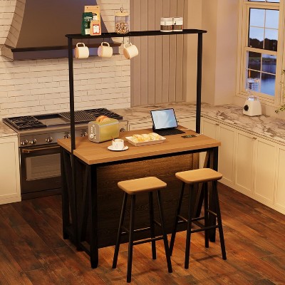 Homhougo Wooden Kitchen Island with Power Outlet & LED Lights, Large Kitchen Island Table with 3 Tier Microwave Stand Oven Shelf