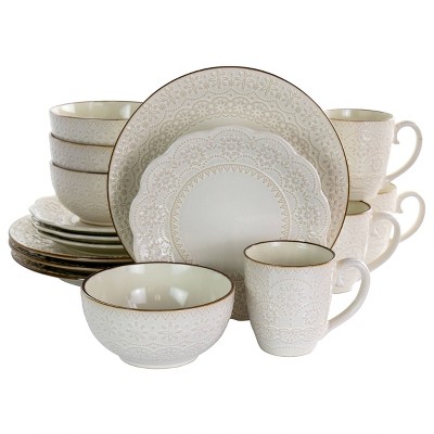 16pc Stoneware Contessa Scalloped Dinnerware Set White - Elama: Classic Lace Pattern, Service for 4, Microwave & Dishwasher Safe
