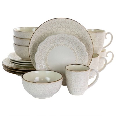 16pc Stoneware Contessa Scalloped Dinnerware Set White - Elama