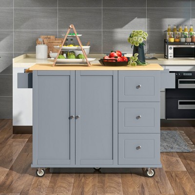 Rolling Kitchen Island Cart, with Wood Desktop, Cabinet and Drawers, Spice Rack, Towel Rack, Wine Rack, for Kitchen, Dining
