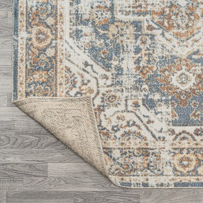Blue and Cream Medallion Washable Synthetic Area Rug