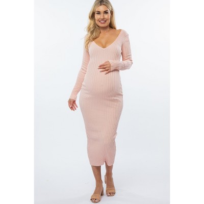 PinkBlush Pink V-Neck Long Sleeve Fitted Maternity Maxi Dress