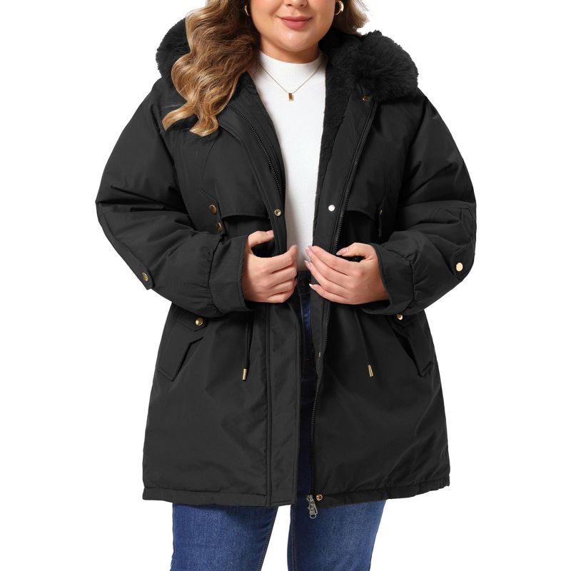 Women's Plus Size Detachable Hood Zipper Drawstring Waist Windbreaker Winter Trench Coats with Pocket - Agnes Orinda Large Black
