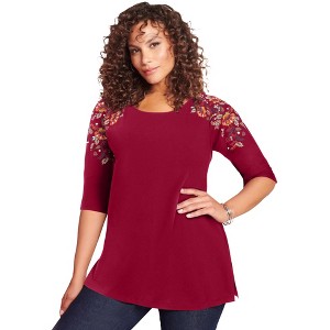Roaman's Women's Plus Size Three Quarter Sleeve Embellished Tunic - 1 of 4