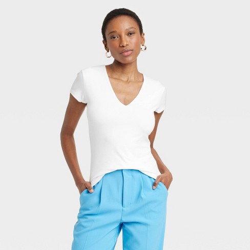 Women's Slim Fit Short Sleeve Ribbed T-shirt - A New Day™ White S : Target