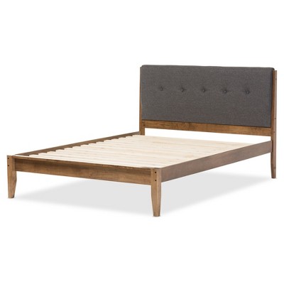 King Gray Walnut Wood Upholstered Platform Bed with Tufted Headboard