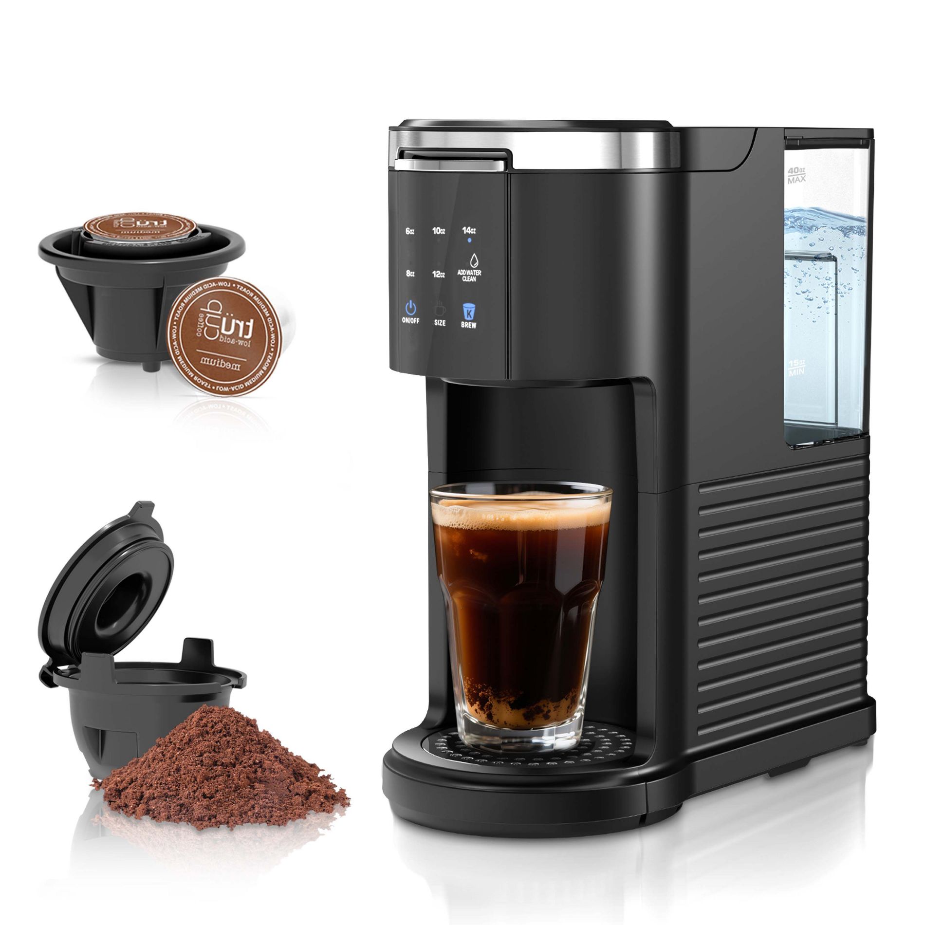 R.W.FLAME Single Serve Coffee Maker, K-Cup & Ground Coffee Compatible, 6–14oz Brew, 40oz Removable Reservoir, Fast & Compact, Travel Mug Friendly