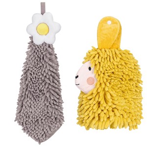 REGALWOVEN Soft Absorbent Flower Pattern and Sheep Pattern Chenille Hand Towel with Loop 6" x 15"/7" x 11" 2 Pcs - 1 of 4