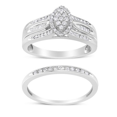 Silver 1/2 Cttw Round and Baguette-Cut Diamond Engagement Bridal Set