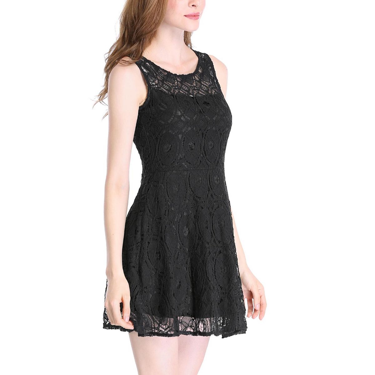 Женские платья INSPIRE CHIC Women's Round Neck Sleeveless Floral Lace Mini Dress X-Small Black — фото 4