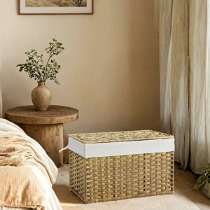 Storage Basket with Lid, 27.7 Gallon (105L) Woven Storage Bin. Features handles, a removable liner, and a metal frame. - 1 of 4