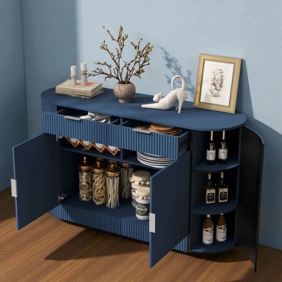 Mshliw 55.1" Modern Storage Cabinet with 2 Doors, 2 Drawers and Curved Side Shelves, Stripe MDF Sideboard Buffet Cabinet for Living Room