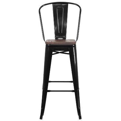 Rustic Bistro-Style Black Metal and Brown Wood Barstool