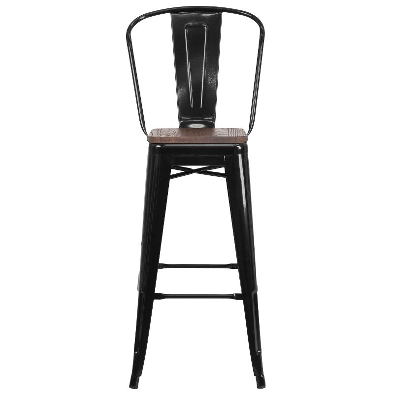 Merrick Lane Metal Dining Stool with Curved Slatted Back and Textured Wood Seat, 5 of 17