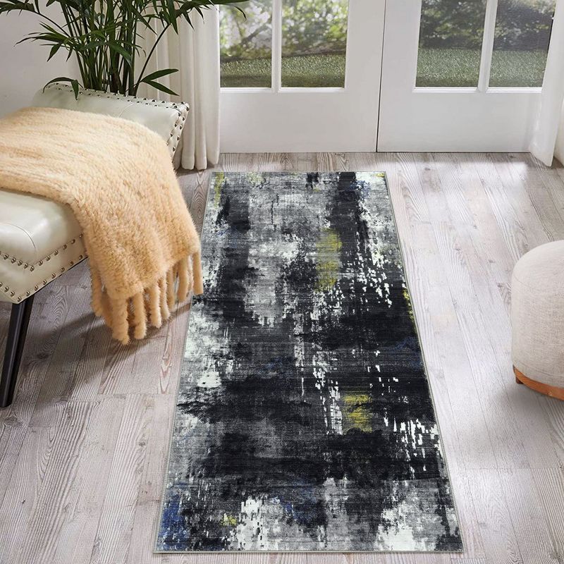 Abstract Area Rug Oriental Throw Rugs Modern Distressed Rug For Living Room, 2' x 6' Black, 2 of 9