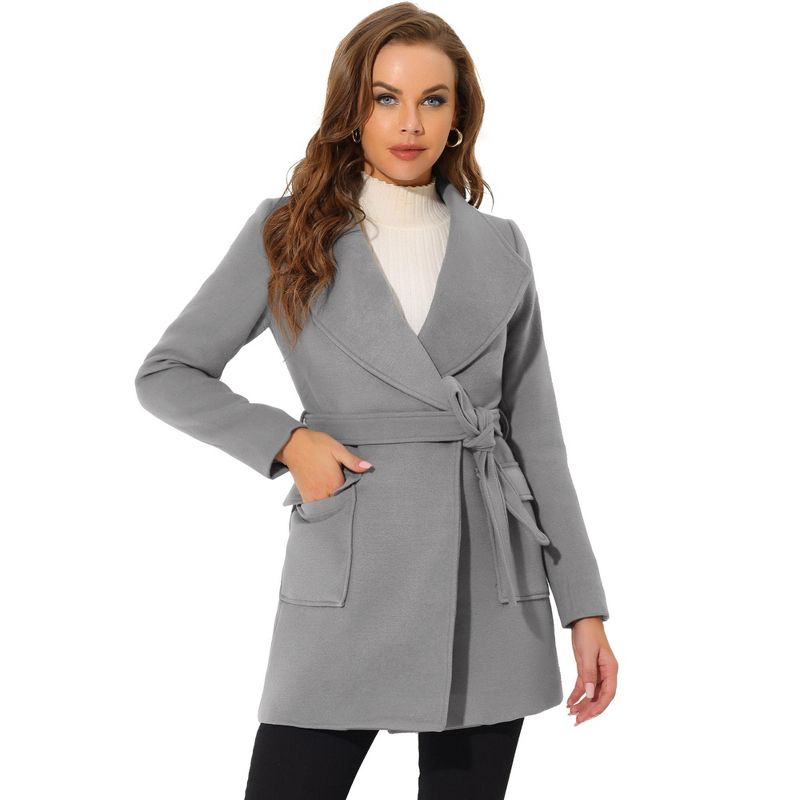 Allegra K Women's Shawl Collar Lapel Winter Belted Coat with Pockets, 1 of 7