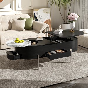 47.2" Oval Lift Top Coffee Table with Hidden Storage, 360¡ã Rotating Tray and Drawers, Modern Wooden Center Table for Living Room - 1 of 4