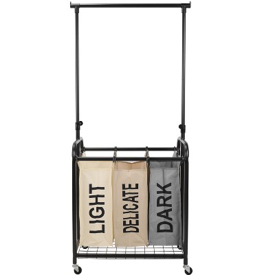 Black Metal 3-Bag Rolling Laundry Sorter with Adjustable Hanging Bar
