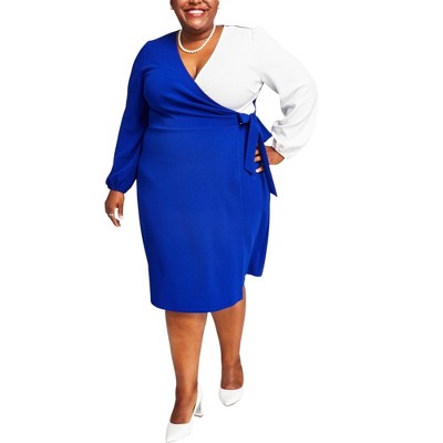 Kasper Womens Colorblocked Wrap Dress, Blue, 1X