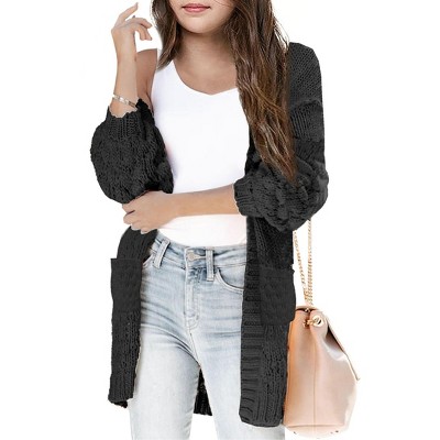 Girls Sweater Cardigan Open Front Longline Sweater Cable Knit Sweater Long Sleeve Color Block Sweater,Black(with Pocket) - 2XL