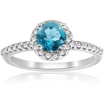 Pompeii3 7/8ct Blue Topaz & Diamond Round Halo Engagement Ring 14K White Gold