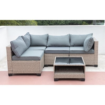 FIONECA 5-Piece Outdoor Wicker Sectional Sofa Set with Water-Resistant Grey Cushions