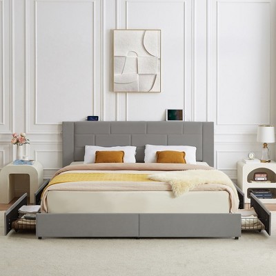 VECELO Upholstered Bed Metal Frame Platform Bed with USB Charging