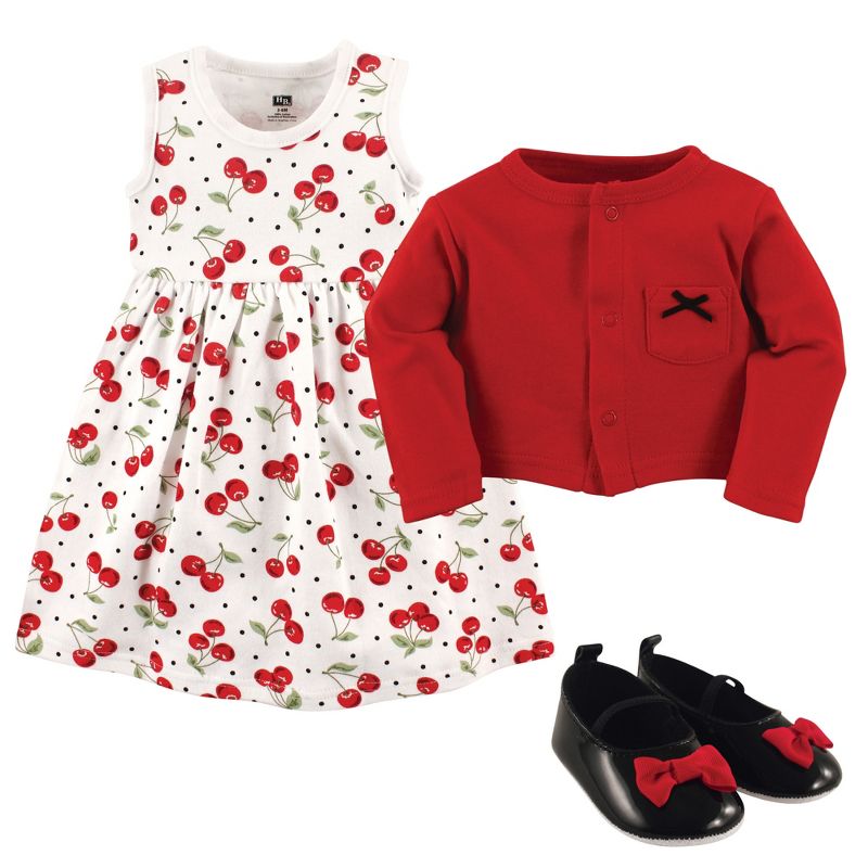 Hudson Baby Infant Girl Cotton Dress, Cardigan and Shoe 3pc Set, Cherries, 3 of 4