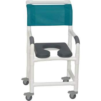 MJM International Corporation Shower chair 18 in width 3 in total locking casters PALM ISLAND front seat TEAL designer mesh backrest sling 300 lbs wt