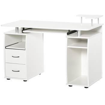 HOMCOM Multi-Function Computer Desk Home Office Workstation with Keyboard Tray, Elevated Shelf,Sliding Scanner Shelf and CPU Stand, White