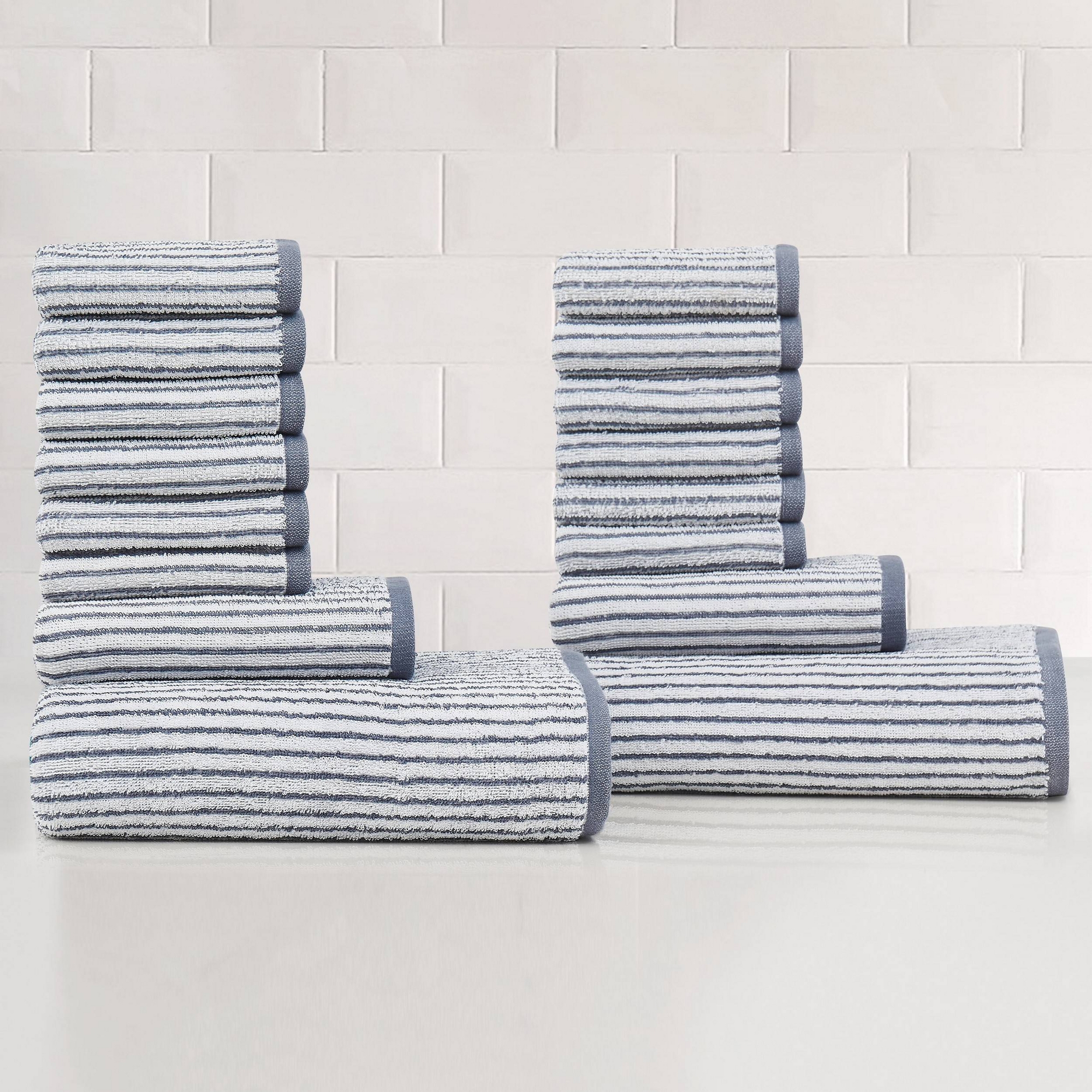 Truly Soft 16pc Essential Yarn Dye Striped Bath Towel Set Blue