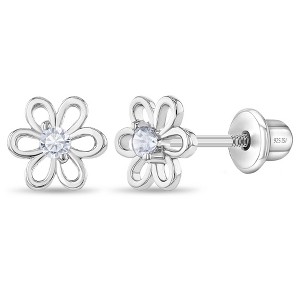 Girl's Spring Cubic Zirconia Flower Screw Back Sterling Silver Earrings - In Season Jewelry - 1 of 4