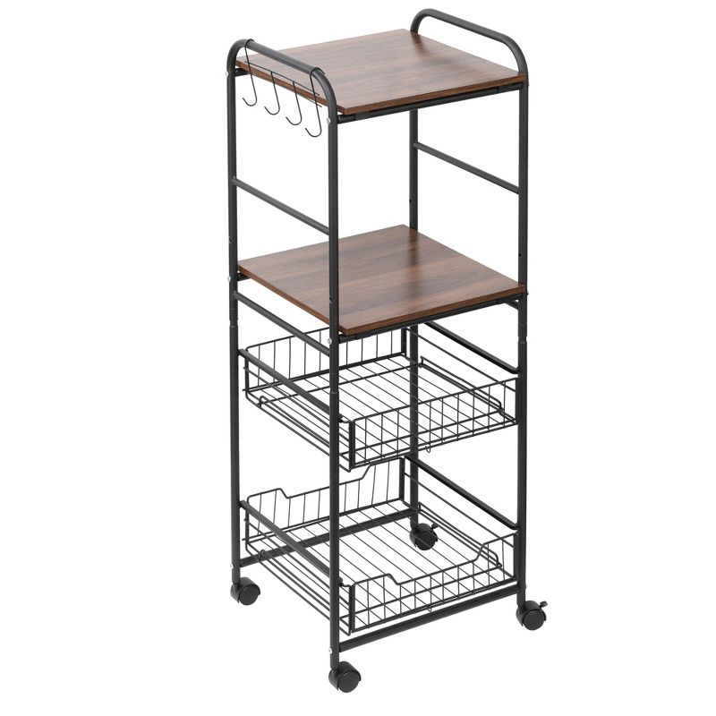 HOMCOM 16" 4-Tier Rolling Kitchen Cart, Utility Storage Trolley with 2 Basket Drawers, Side Hooks for Dining Room and Kitchen, 4 of 7
