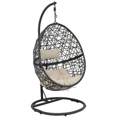 Sunnydaze Outdoor Resin Wicker Patio Caroline Lounge Hanging Basket Egg Chair Swing with Cushions and Steel Stand Set - Beige - 3pc