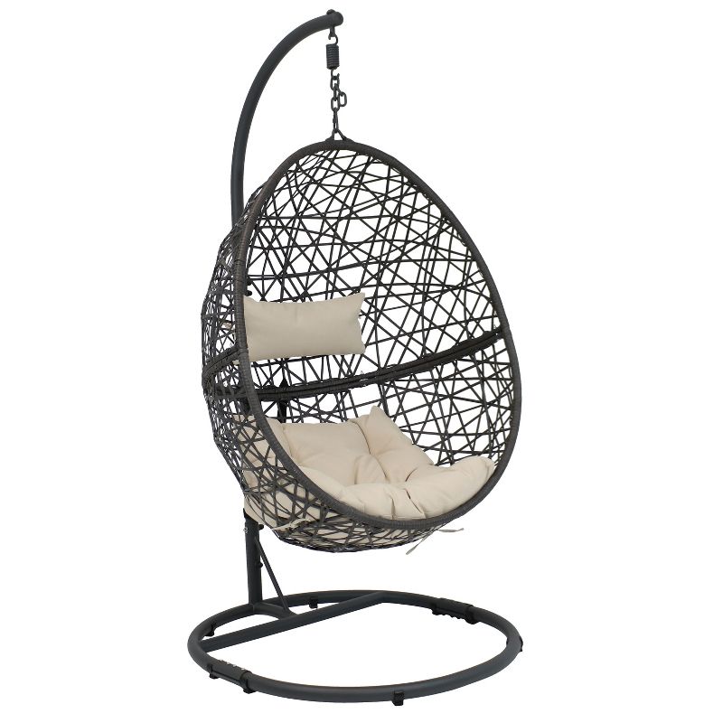Sunnydaze Outdoor Resin Wicker Patio Caroline Lounge Hanging Basket Egg Chair Swing with Cushions and Steel Stand Set- 3pc, 1 of 12
