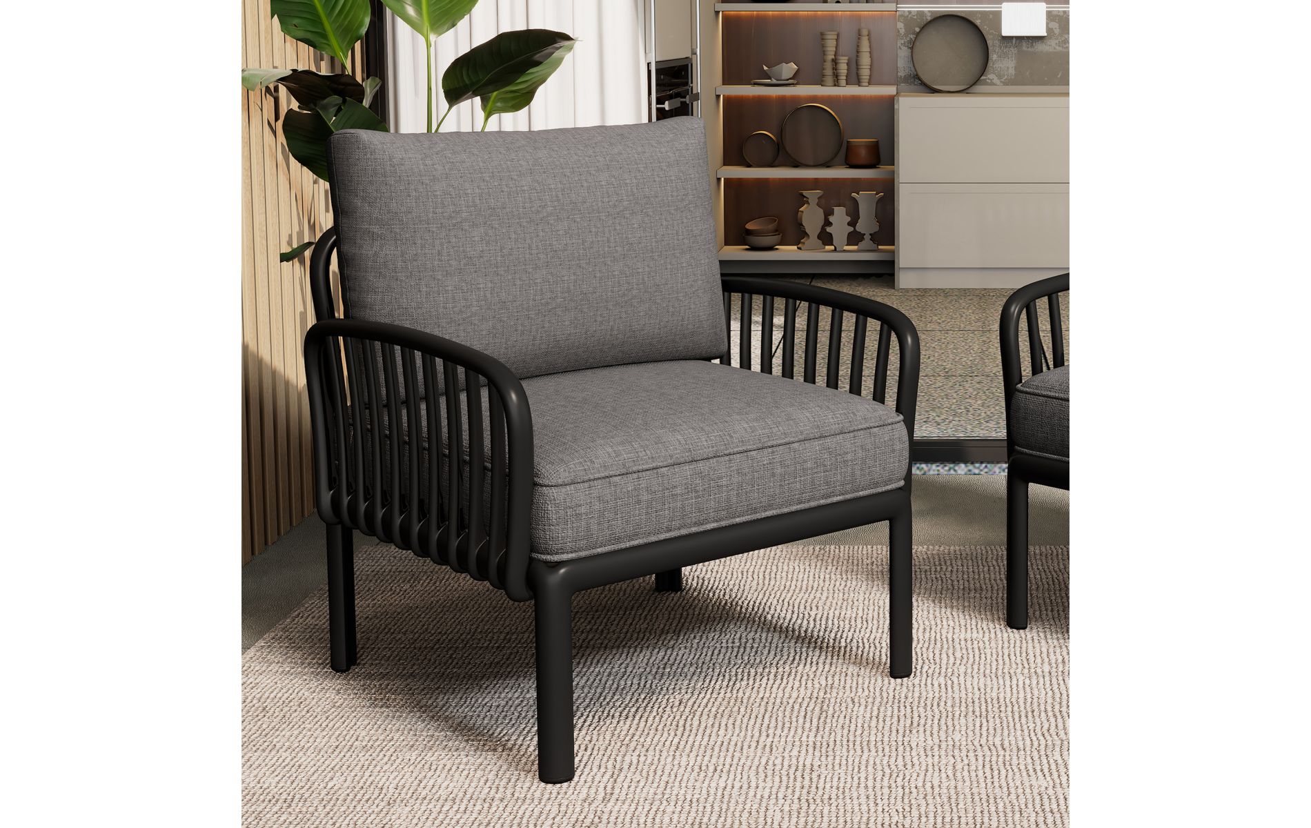 Modern Outdoor Plastic Lounge Chair with Weather Resistant Frame & Thick Cushions, Black Patio Deep Seating-3irtyhousy