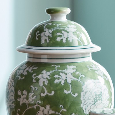 Green and White Porcelain Floral Lidded Ginger Jar