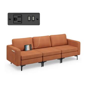 Costway Modular 3-Seat Sofa Couch w/ Socket USB Ports & Side Storage Pocket Orange\Dark Grey