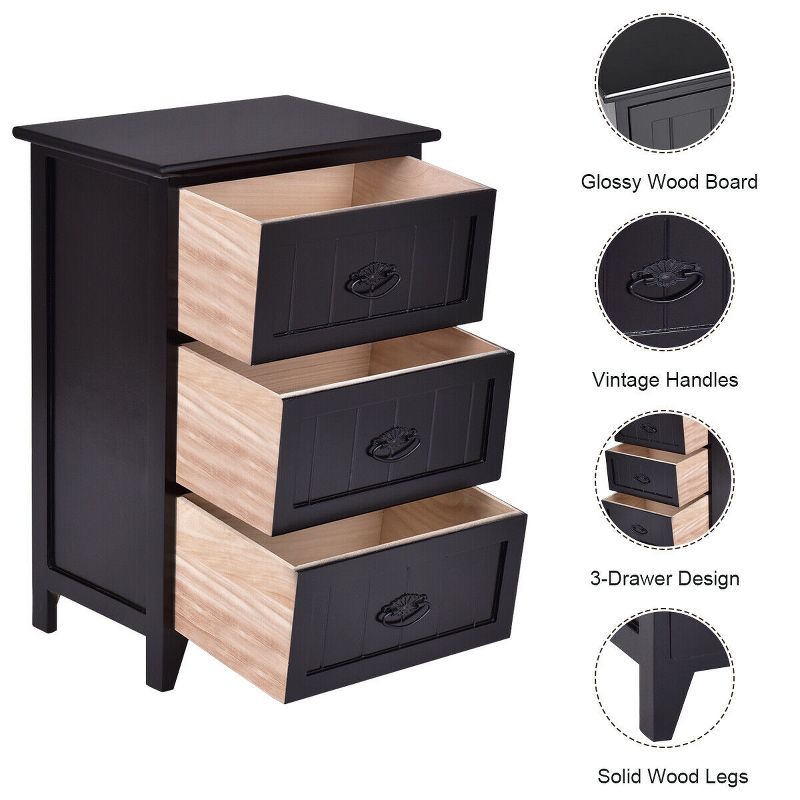 Tangkula 3 Drawers Nightstand End Table Storage Wood Side Bedside Black, 5 of 10