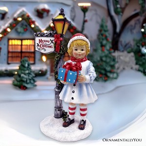 Victorian Style Christmas Girl and Street Lamp Tabletop Figurine, 8" Vintage Holiday Statue of a Gift Carrying Belle| OrnamentallyYou - 1 of 4
