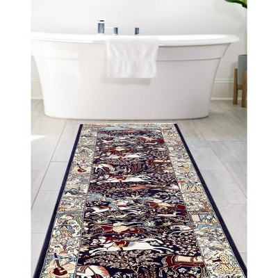 Navy Blue and Tan Floral Synthetic Runner Rug