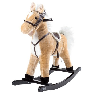 Toy Time Kids Plush Ride-On Rocking Horse on Wooden Rockers with Sounds, Stirrups, Saddle, and Reins - 29" x 11" x 28", Brown