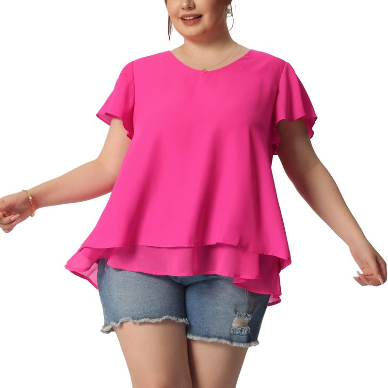 Agnes Orinda Women's Plus Size Casual V Neck Short Flare Sleeve Double Layers Chiffon Summer Blouses, 2 of 7