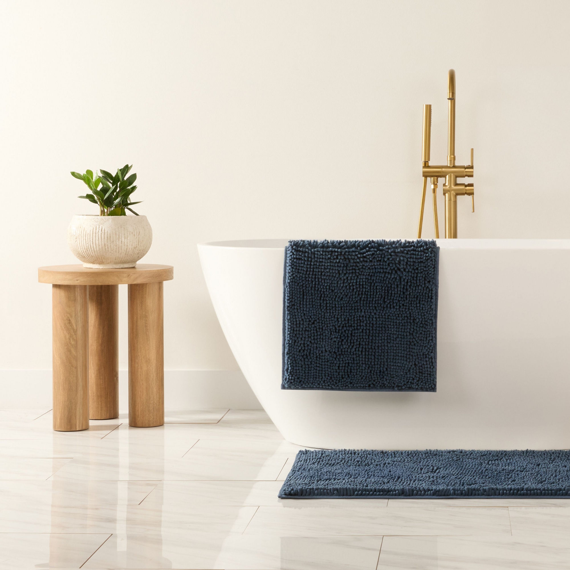 Soft Absorbent Chenille Bath Mat Rug with Anti-Skid Rubber Backing - Becky Cameron, Navy, 2PK (24" x 17" & 34" x 21")