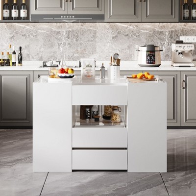 FUFU&GAGA White Kitchen Island with Tempered Glass Top, Multifunctional Storage with 14 Drawers Cabinet,Prep Station