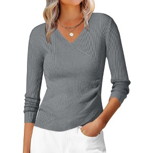INSPIRE CHIC Women's V-Neck Knitted Ruched Button Decor Long Sleeve Slim Fit T-shirt - 1 of 4