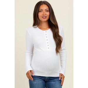 Pinkblush Off White Ribbed Knit Button Long Sleeve Maternity Top - 1 of 4