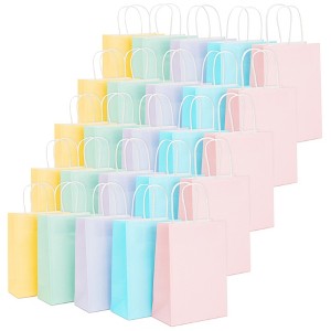 Juvale 25 Pack Pastel Gift Bags with Handles, Paper Party Favor Bags, for Goodies, Birthdays, 5 Colors - 6.3x3.2x8.7 inch - 1 of 4