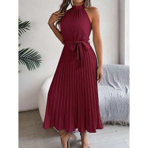 Women's Summer Sleeveless Halter Neck Pleated Midi Cocktail Dresses A Line Flowy Beach Sun Dress with Belt - 1 of 4